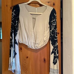 Free People Cream and Blue Ruched Crop Blouse